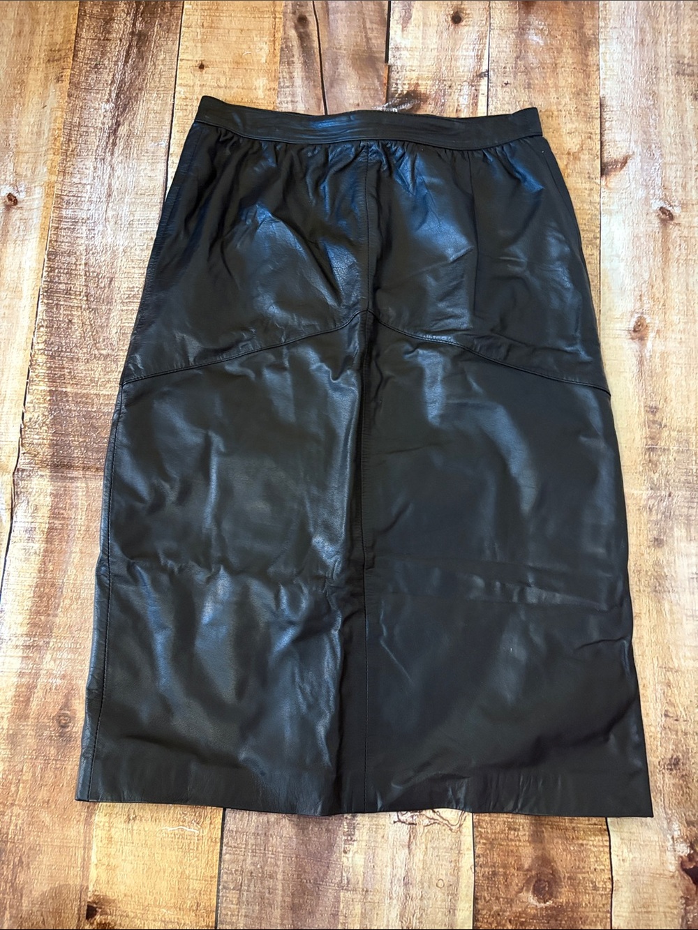 Vintage Patchwork Black Leather Midi Skirt